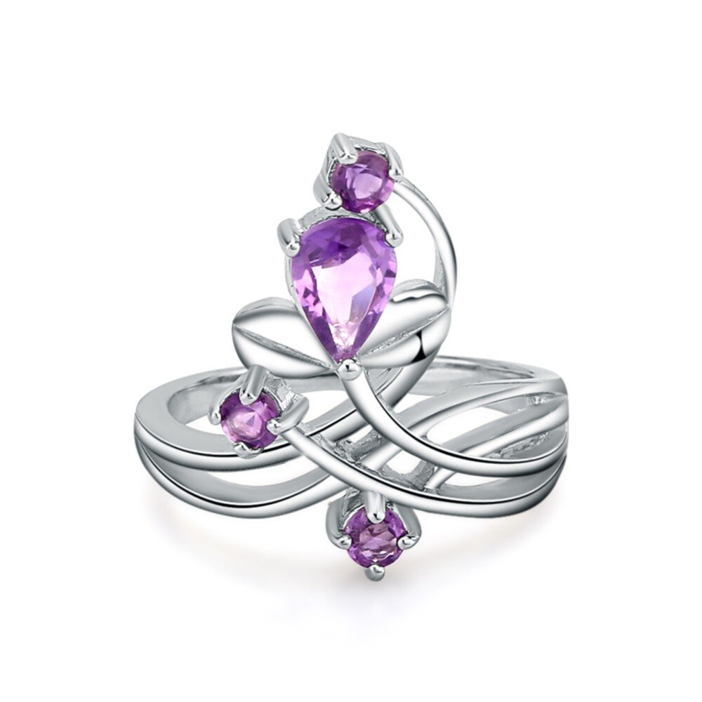 GEM&#39;S BALLET Romantic Natural Amethyst Purple Gemstone Flower Jewelry Sets Pure 925 Sterling Silver Earrings Ring Set For Women