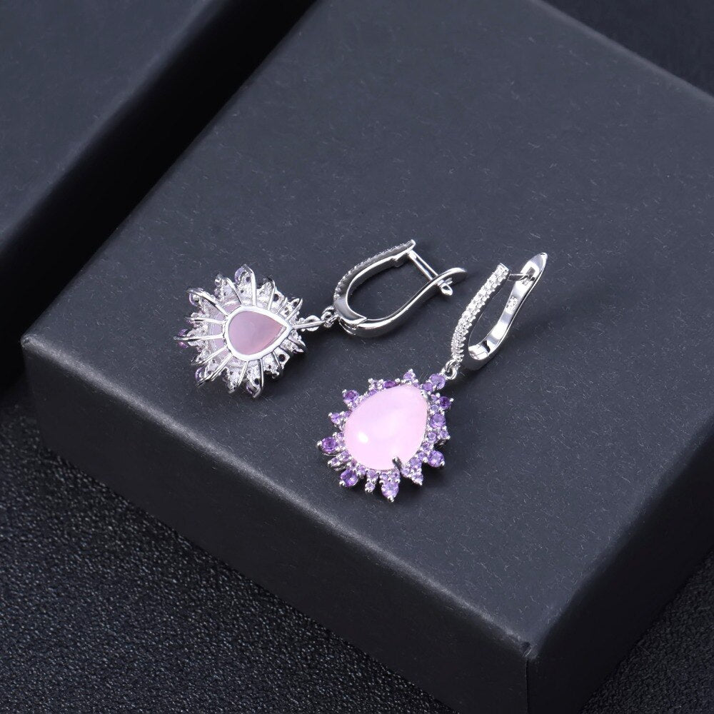GEM&#39;S BALLET Natural Pink Calcedony Gemstone Earrings 925 Sterling Silver Vintage Drop Earrings for Women Wedding Fine Jewelry