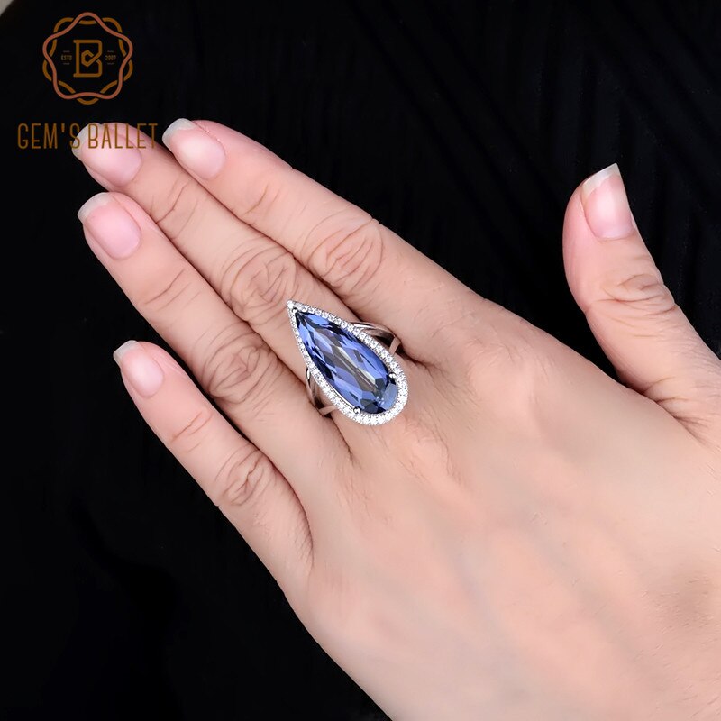 GEM&#39;S BALLET New 11.48Ct Natural Iolite Blue Mystic Quartz Big Water Drop Finger Ring 925 Sterling Sliver Ring For Women Wedding