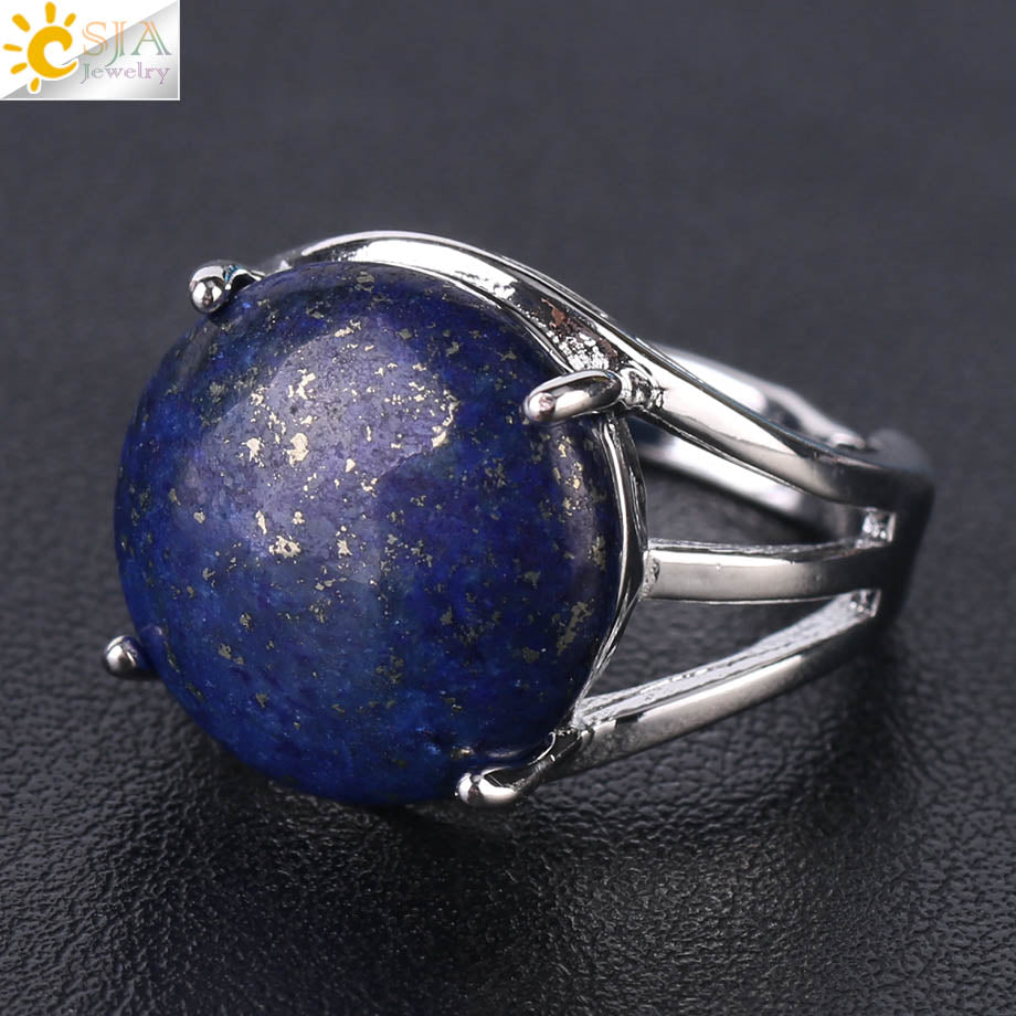 CSJA Crystal Ring for Women Natural Stone Ring Round Beads Finger Rings Amethysts Purple Quartz Silver Color Party Jewelry F476 Lapis Lazuli