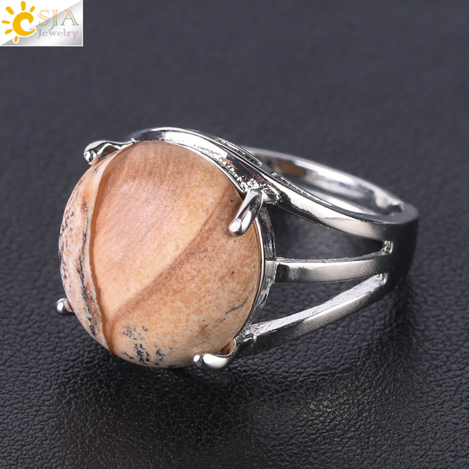 CSJA Crystal Ring for Women Natural Stone Ring Round Beads Finger Rings Amethysts Purple Quartz Silver Color Party Jewelry F476 Picture Jasper