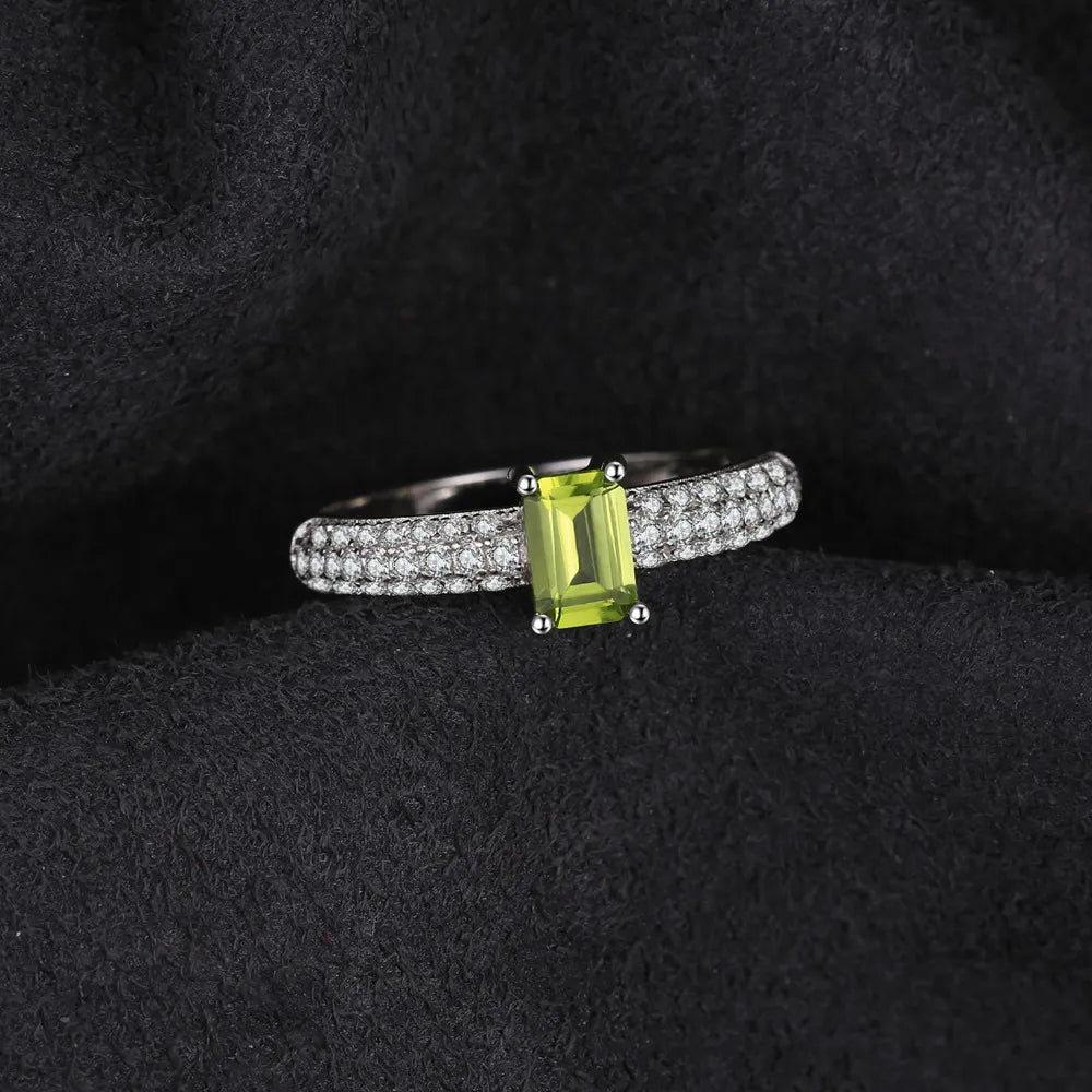 JewelryPalace Emerald Cut Natural Peridot 925 Sterling Silver Solitaire Ring for Women Gemstone Fine Jewelry Anniversary Gift