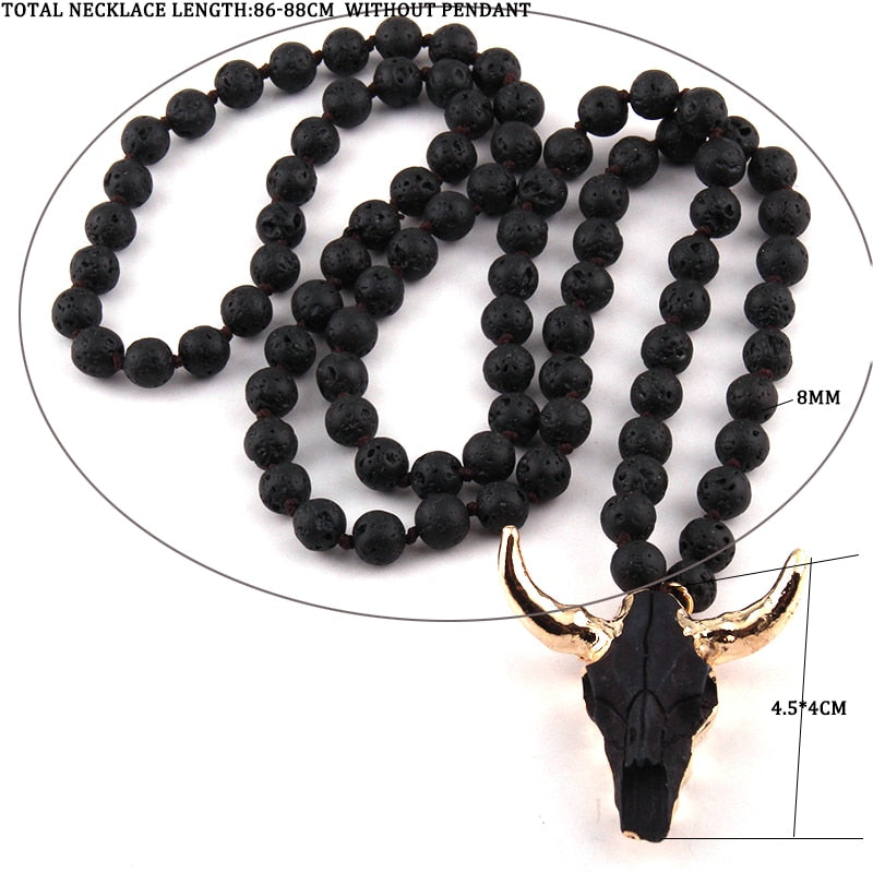 Fashion Bohemian Jewelry Long Knotted Stone Beads 3 Color Horn Pendant Necklace For Women Ethnic Necklace
