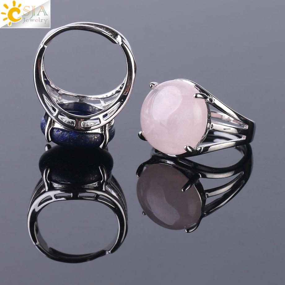 CSJA Crystal Ring for Women Natural Stone Ring Round Beads Finger Rings Amethysts Purple Quartz Silver Color Party Jewelry F476