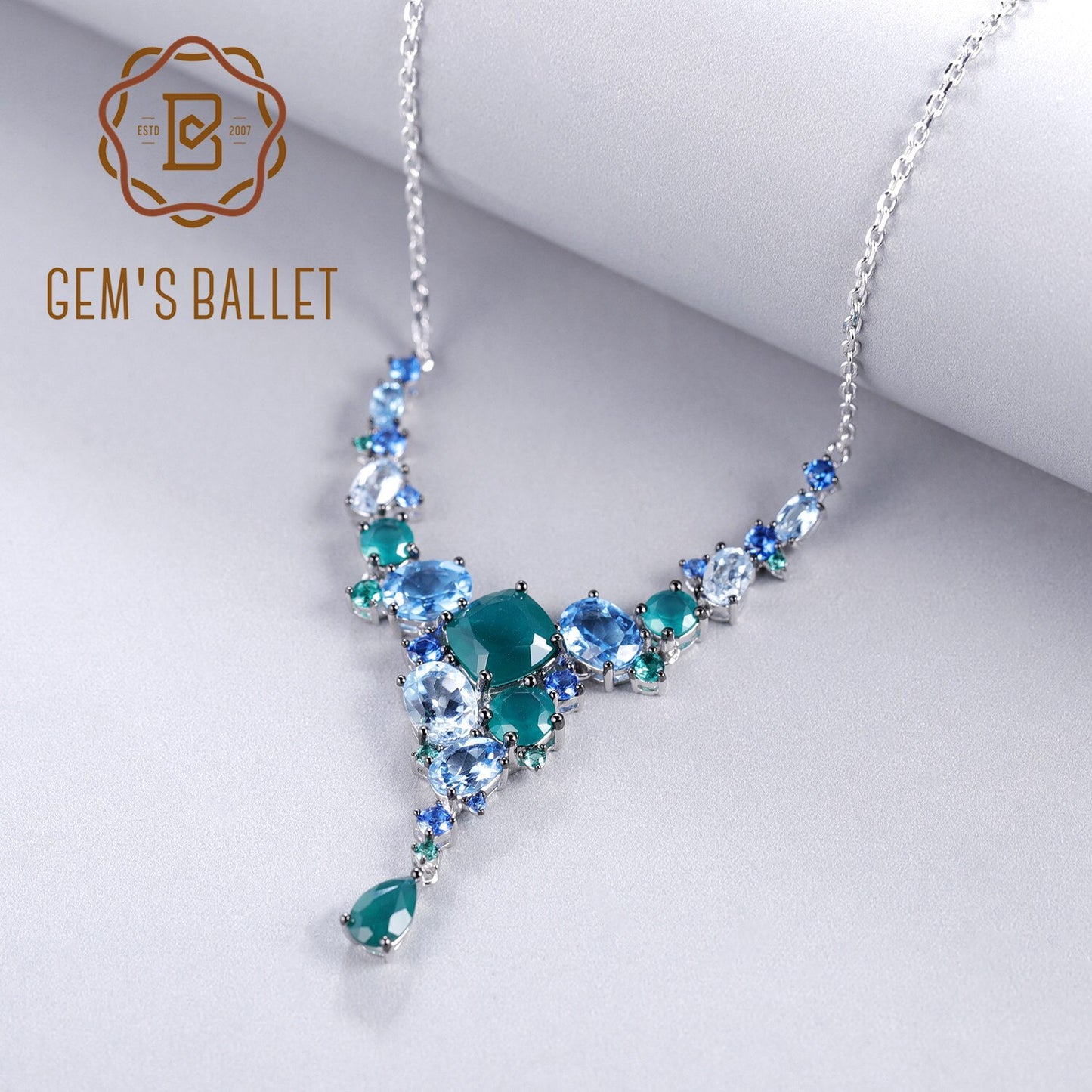 GEM&#39;S BALLET 925 Sterling Silver Geometric Necklace Luxury Natural Green Agate Bride Necklace for Women Wedding Jewelry Collier