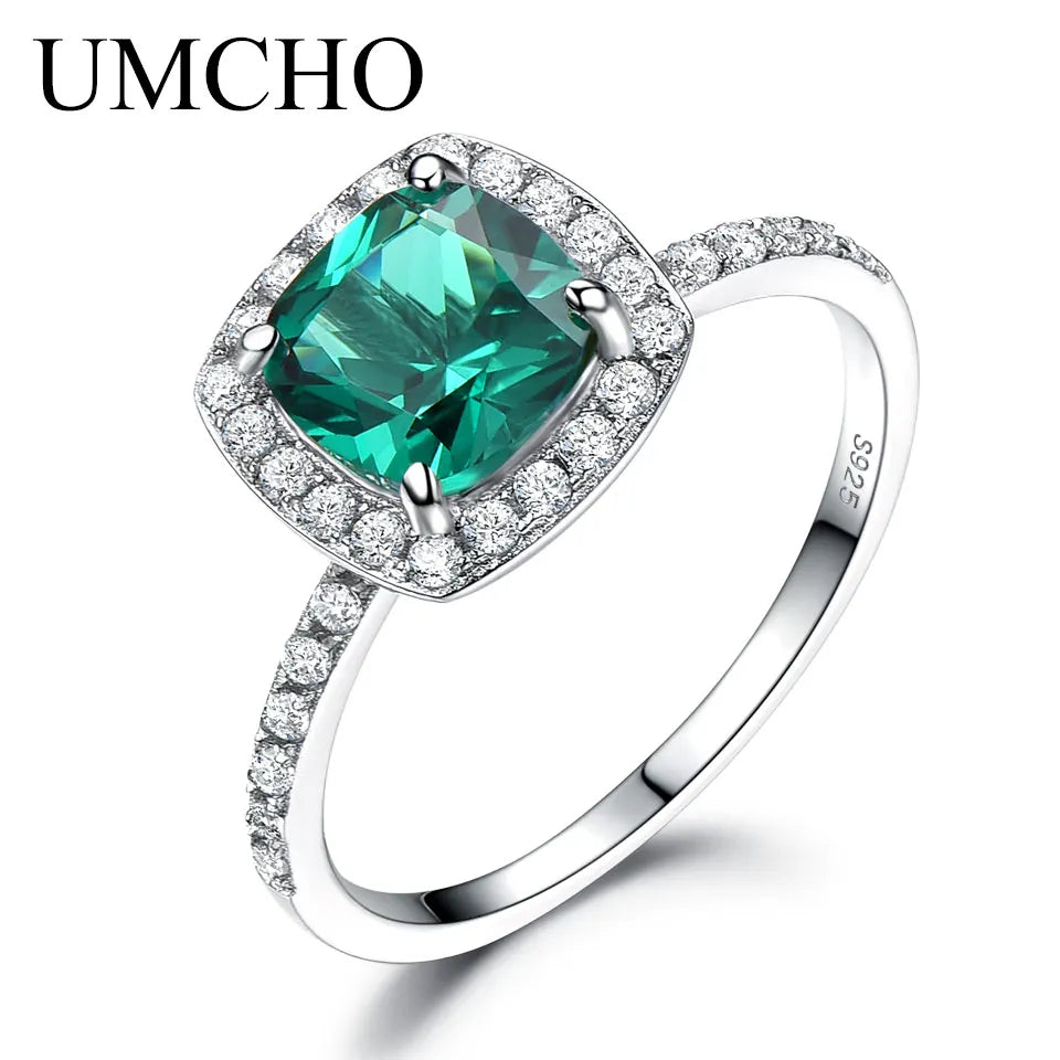 UMCHO Solid 925 Sterling Silver Rings For Women Emerald Ring Birthstone Green Gemstone Wedding Band Romantic Statement Jewelry