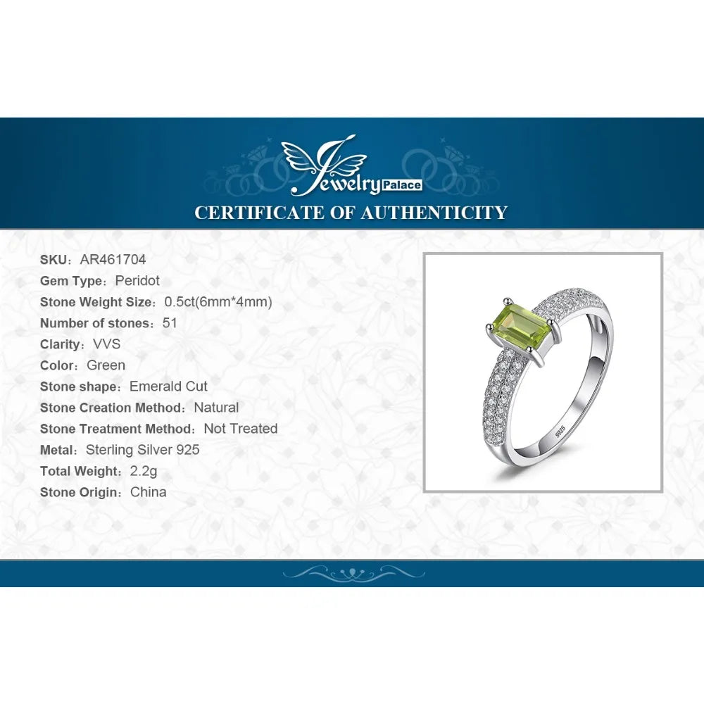 JewelryPalace Emerald Cut Natural Peridot 925 Sterling Silver Solitaire Ring for Women Gemstone Fine Jewelry Anniversary Gift