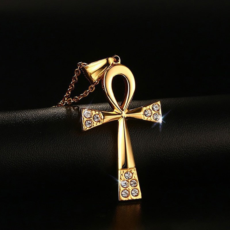 Vnox Brand Ankh Necklace & Pendant The Key of the Nile Gold-color Chain for Women/Men Jewelry CZ Stone Egyptian Cross Necklace