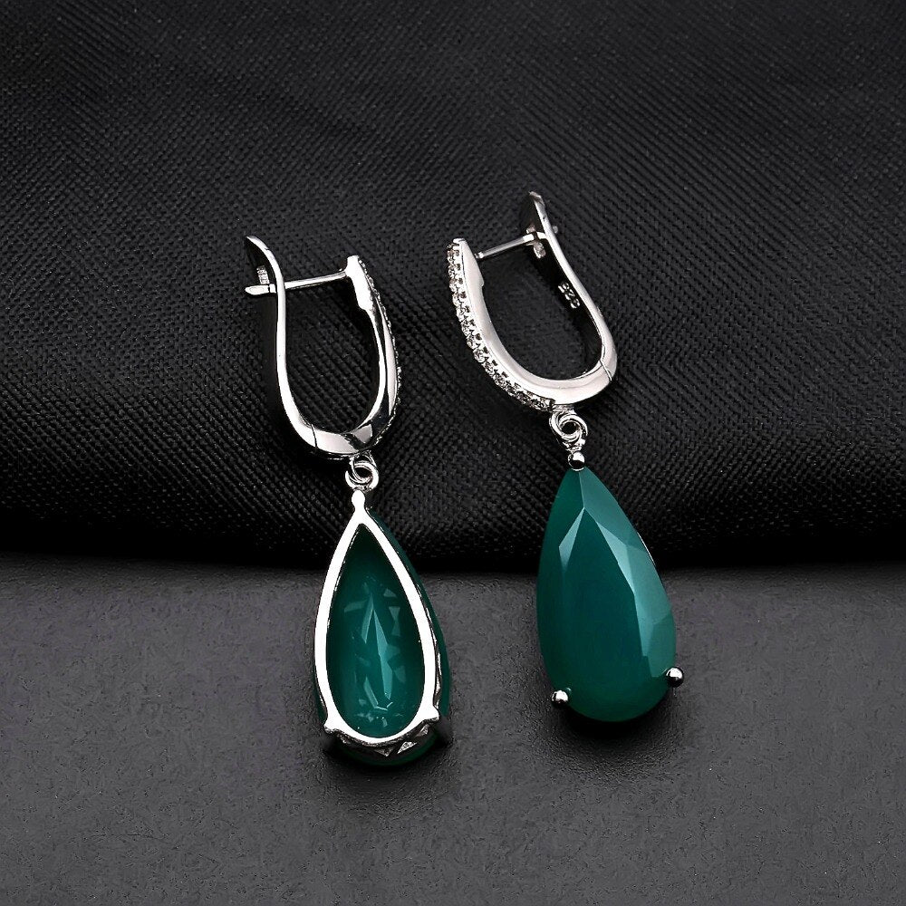 GEM&#39;S BALLET Natural Green Agate Gemstone Earrings Ring Sets For Women Genuine 925 Sterling Silver Water Drop Fine Jewelry Set
