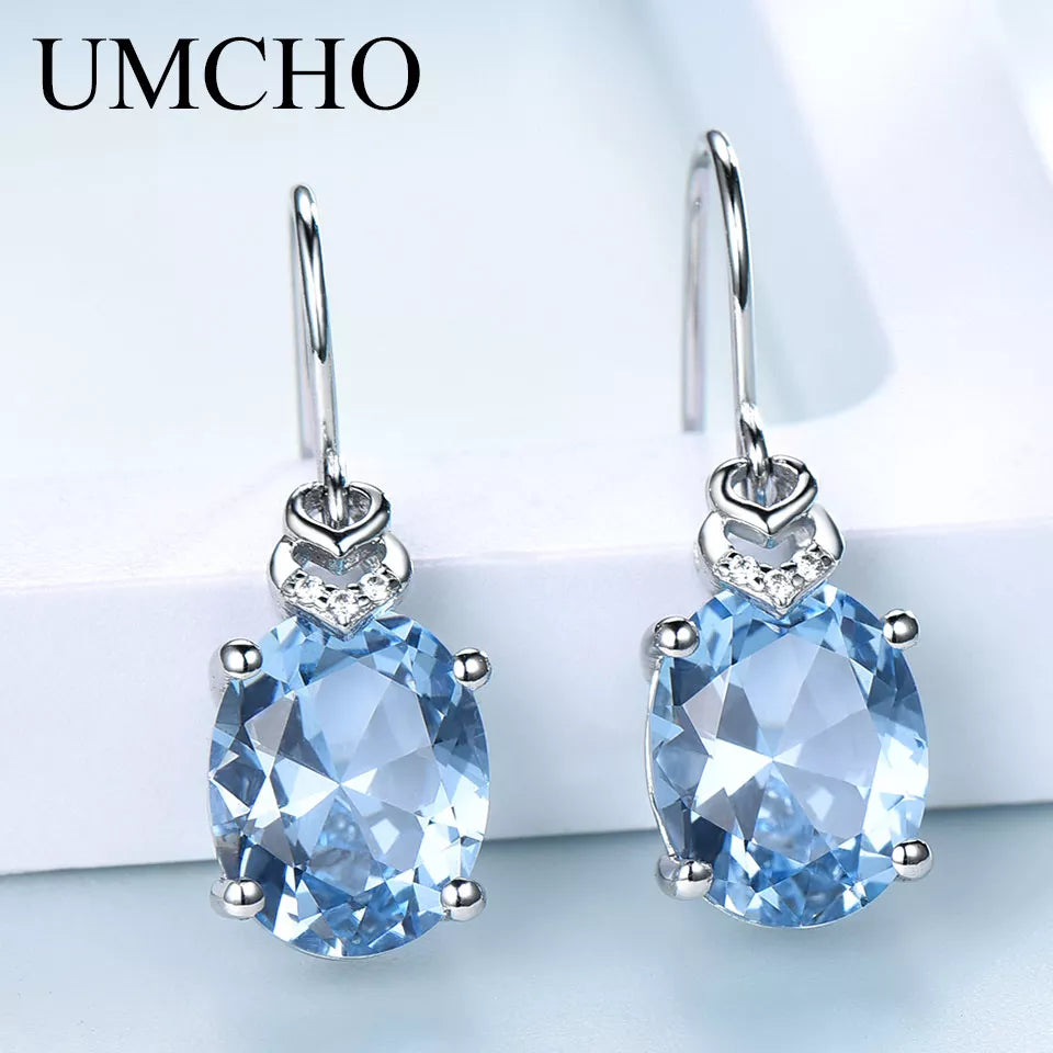 UMCHO Nano Blue Topaz Gemstone Earrings for Women 925 Sterling Silver Korean Drop Earrings Girls Trend Fashion Party Jewelry New blue topaz