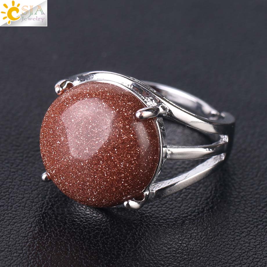 CSJA Crystal Ring for Women Natural Stone Ring Round Beads Finger Rings Amethysts Purple Quartz Silver Color Party Jewelry F476 Brown Sand