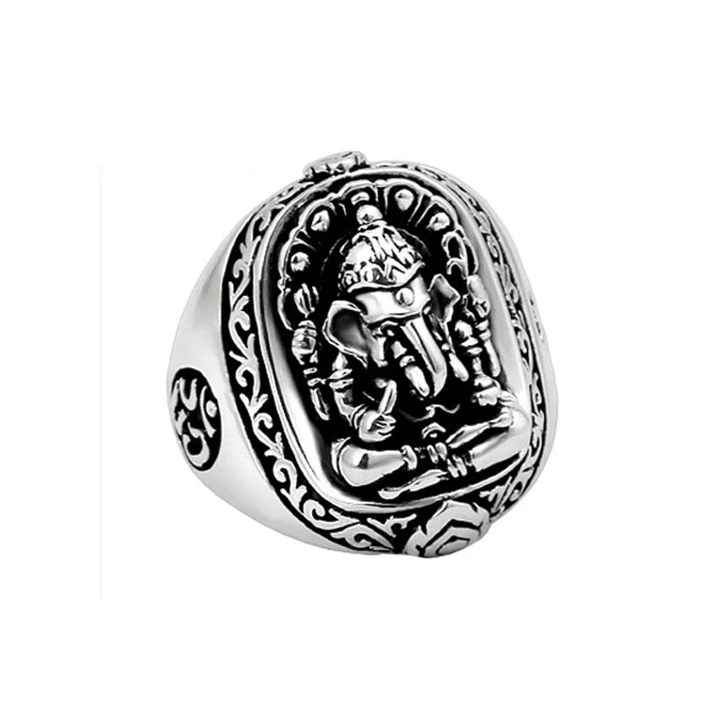 100% 925 Silver Ganesh Buddha OM Ring Elephant Nose Wealth God Ring Good Luck Ring
