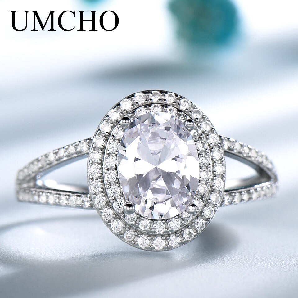 UMCHO Genuine 925 Sterling Silver Rings for Women Luxury Blue Topaz Gemstone Ring Engagement Party Cocktail Custom Jewelry White zircon