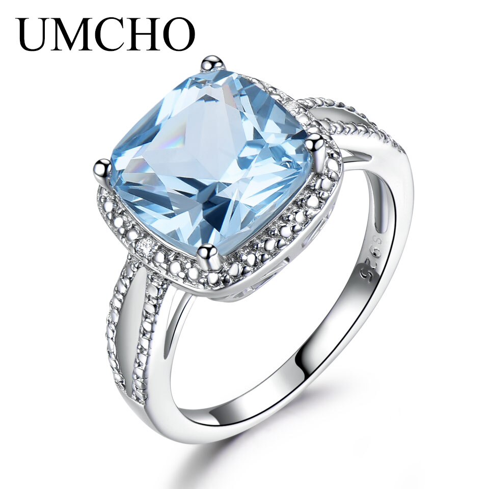 UMCHO Real 925 Sterling Silver Rings For Women Gemstone Aquamarine Sky Blue Topaz Ring Cushion Romantic Gift Engagement Jewelry Sky blue topaz