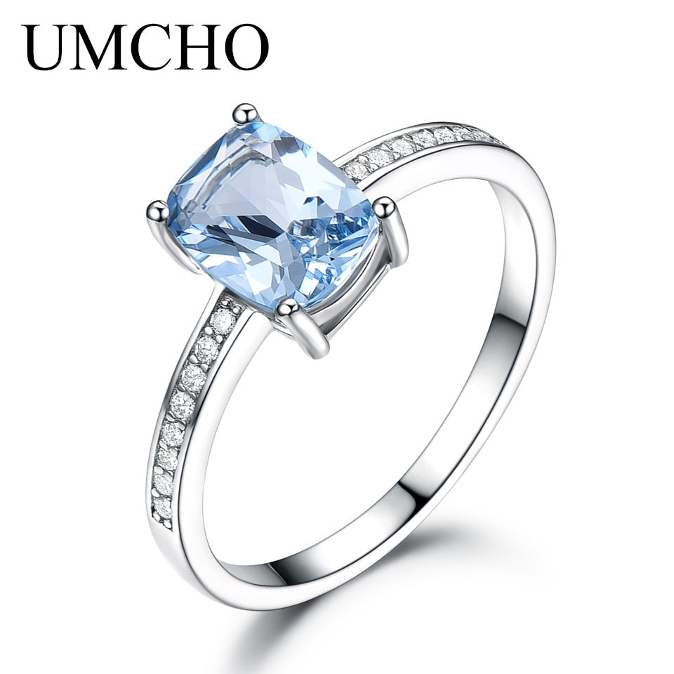 UMCHO Genuine 925 Sterling Silver Rings For Women Sky Blue Topaz Gemstone Solitaire Ring Wedding Romantic Engagement Jewelry New Sky Blue Topaz