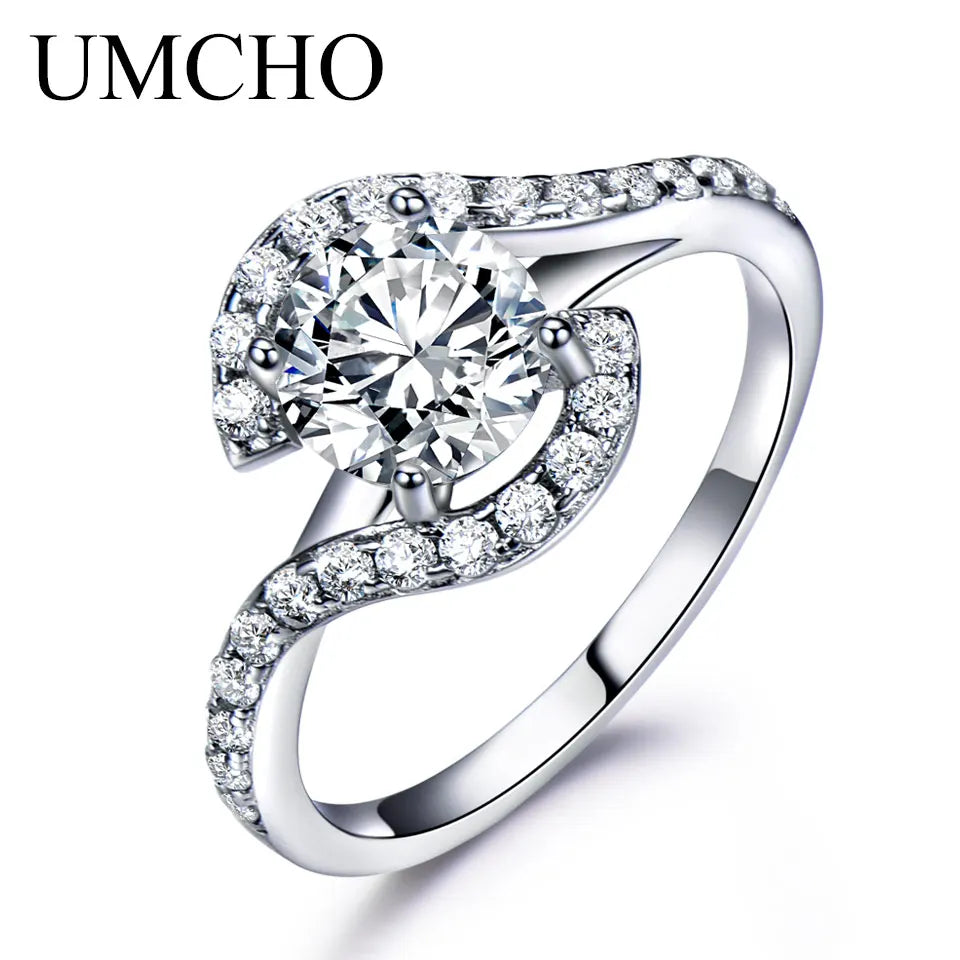 UMCHO Solid 925 Sterling Silver Bridal Cubic Zircon Rings For Women Solitaire Engagement Wedding Band Party Brand Fine Jewelry Clear