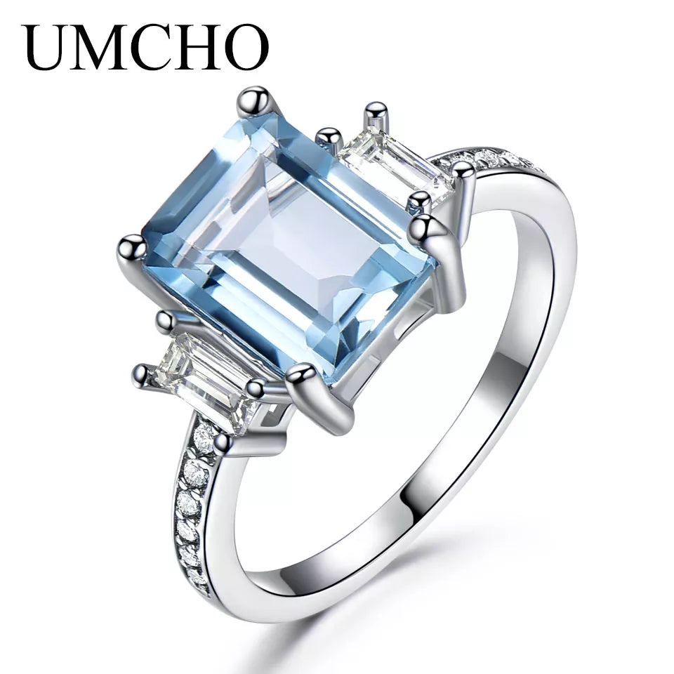 UMCHO Blue Topaz Gemstone Rings for Women Genuine 925 Sterling Silver Aquamarine Ring Romantic Wedding Engagement Fine Jewelry Sky Blue Topaz CHINA