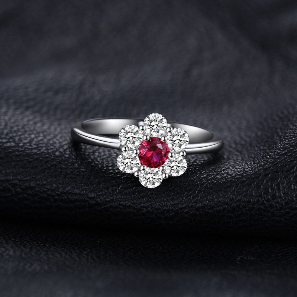 JewelryPalace Flower Created Red Ruby 925 Sterling Silver Halo Wedding Engagement Ring for Women Fine Stackable Ring Trendy Gift