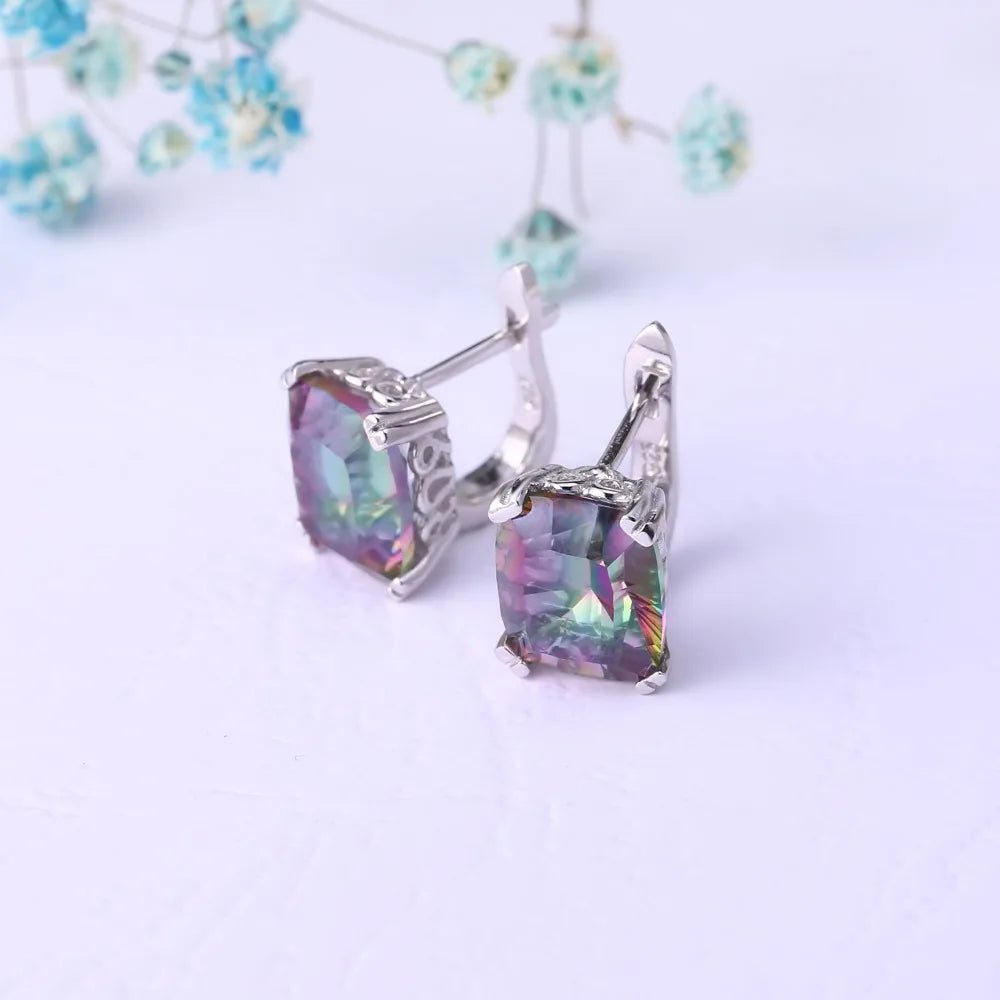 GEM'S BALLET Natural Rainbow Mystic Quartz Ring Stud Earrings For Women 925 Sterling Silver Wedding Jewelry Set Fine Jewelry