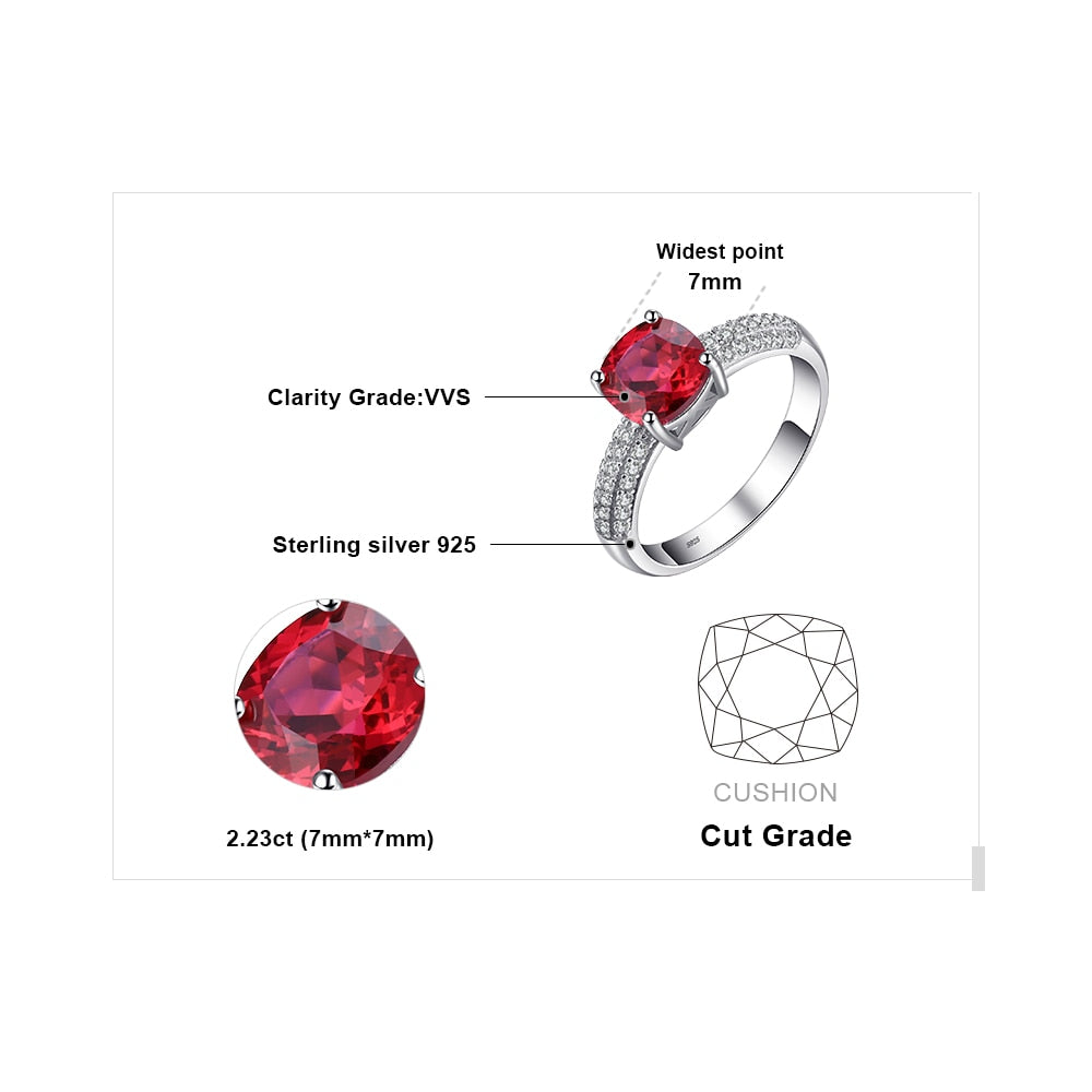 JewelryPalace 2.2ct Created Red Ruby 925 Sterling Silver Solitaire Engagement Ring for Women Cushion Cut Gemstone Wedding Gift