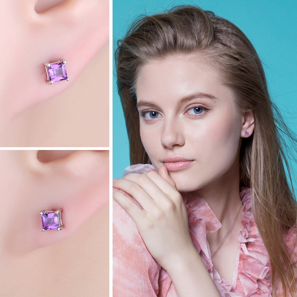 Jewelry Palace Square Genuine Natural Amethyst 925 Sterling Silver Stud Earrings for Women Fashion Jewelry Princess Earrings