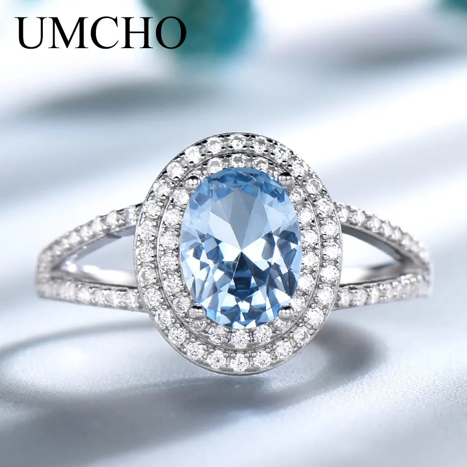 UMCHO Genuine 925 Sterling Silver Rings for Women Luxury Blue Topaz Gemstone Ring Engagement Party Cocktail Custom Jewelry blue topaz