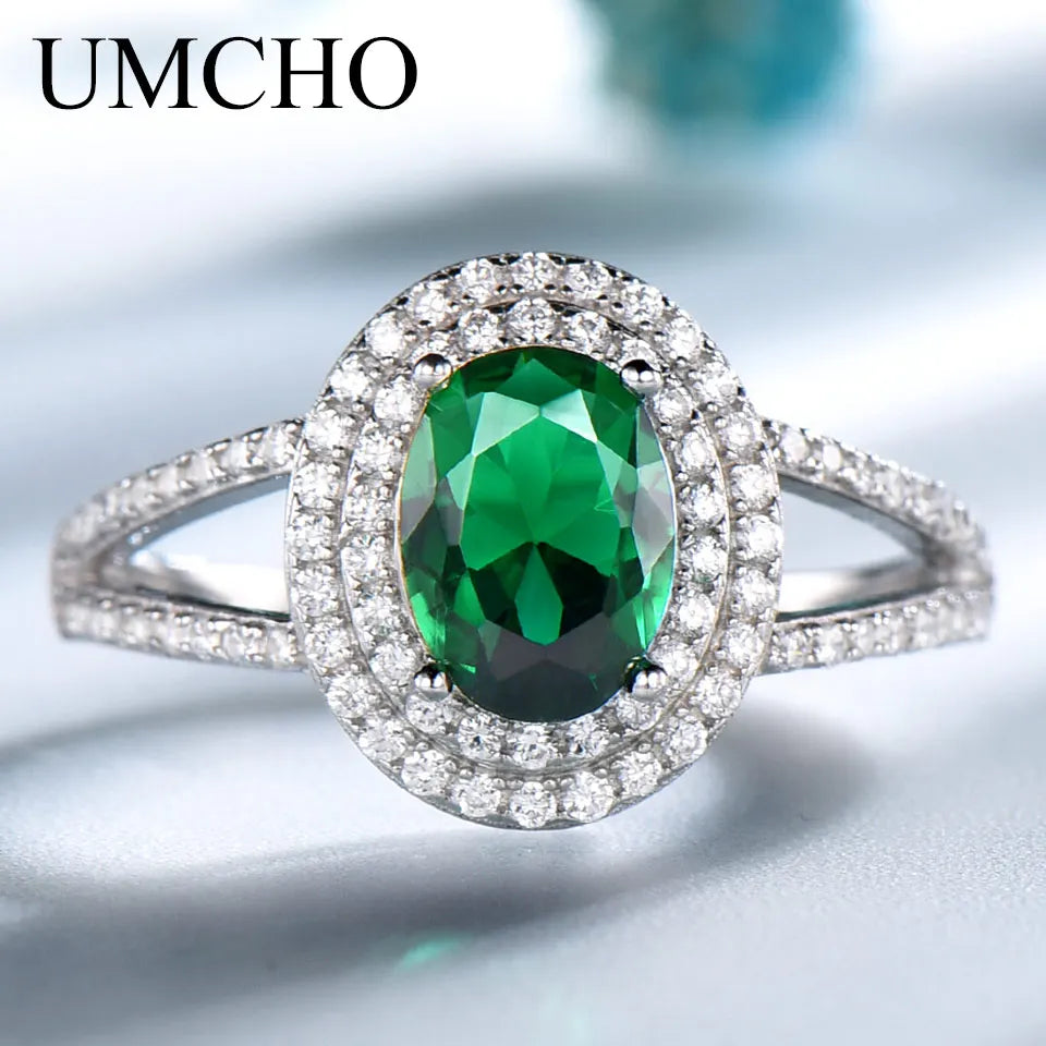 UMCHO Genuine 925 Sterling Silver Rings for Women Luxury Blue Topaz Gemstone Ring Engagement Party Cocktail Custom Jewelry emerald