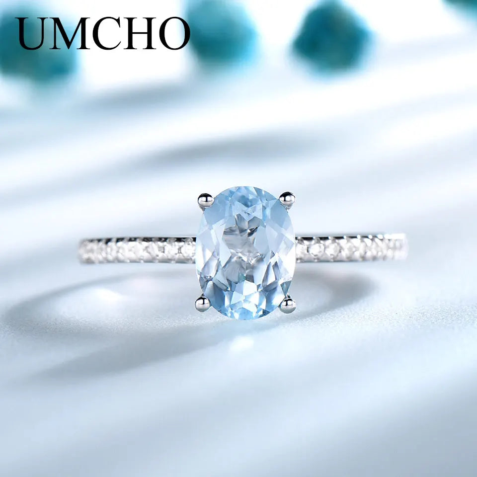 UMCHO Genuine 925 Sterling Silver Gemstone Engagement Jewelry for Women Sky Blue Topaz Birthstone Oval Solitaire Stacking Ring