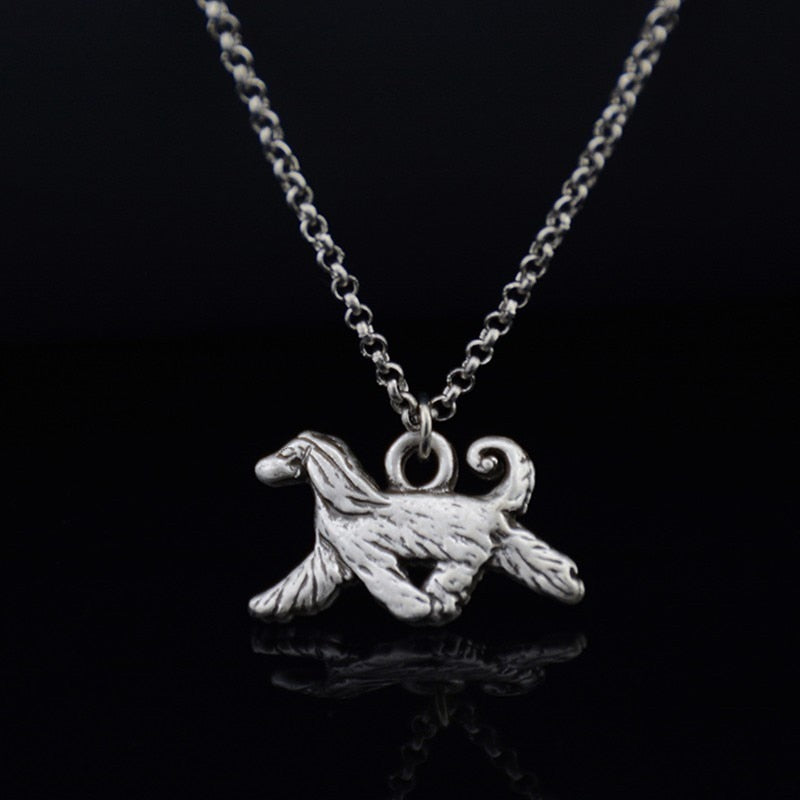 Fei Ye Paws Retro Style 3D Vintage Silver Color Afghan Hound Pendant Necklace Long Chain Dog Charm Necklace Women Men Jewelry Antique Silver Plated