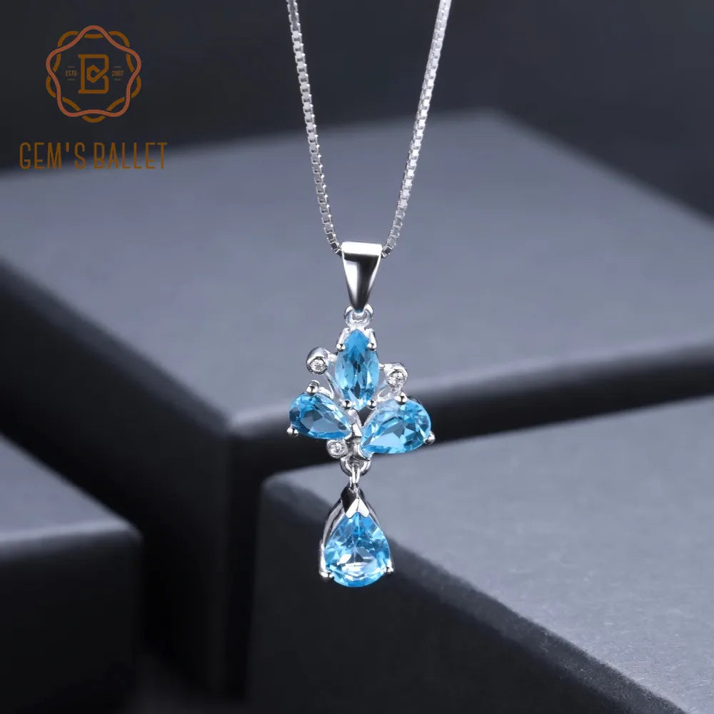 GEM'S BALLET 3.34Ct Natural Swiss Blue Topaz Gemstone Pendant 925 Sterling Silver C Necklace for Women Wedding Fine Jewelry