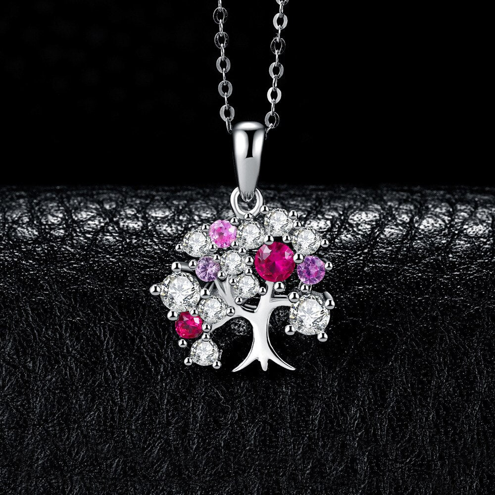 JewelryPalace Life Tree Created Ruby 925 Sterling Silver Pendant Necklace for Women Statement Gemstone Jewelry Choker No Chain
