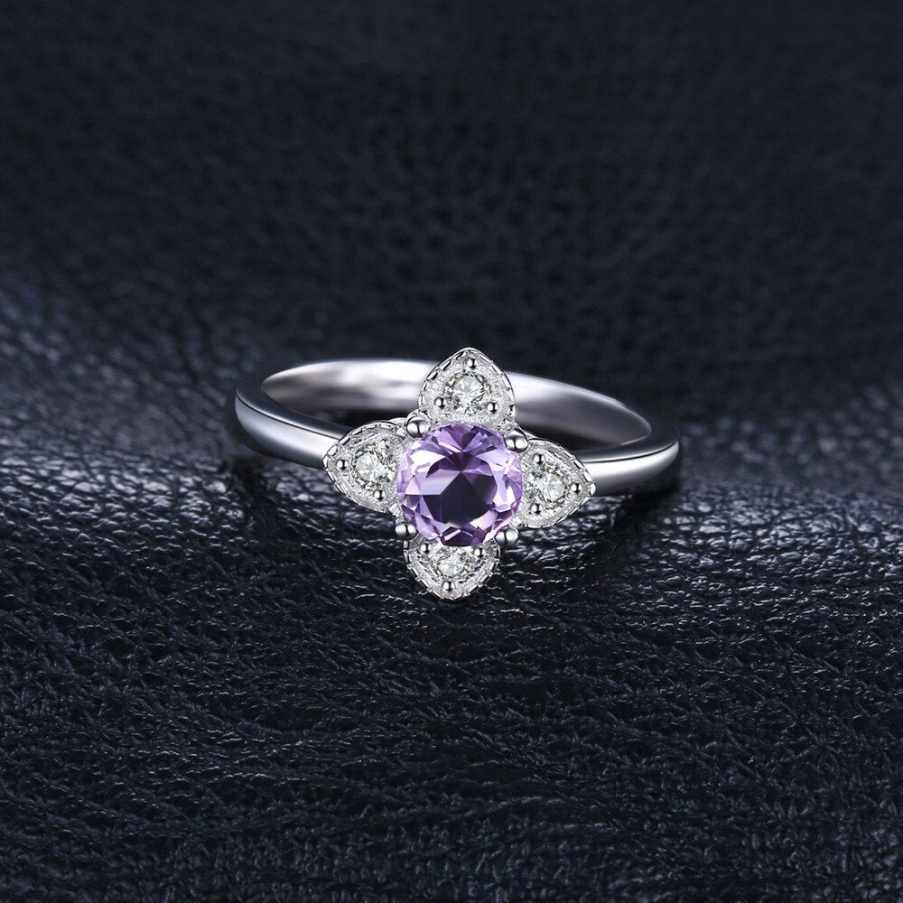 JewelryPalace Flower Natural Amethyst 925 Sterling Silver Ring for Woman Purple Gemstone Statement Fine Jewelry Birthday Gift