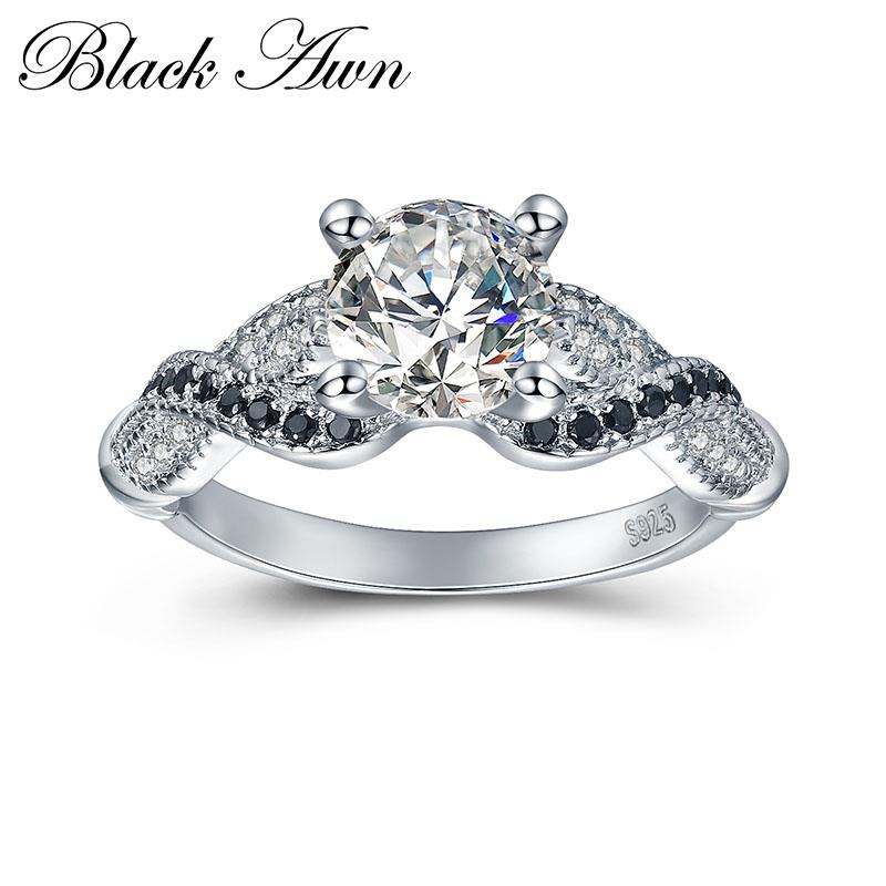 [BLACK AWN] 3.6g 100% 925 Sterling Silver Jewelry Neo-Gothic Row Black Zircon Engagement Rings for Women Wedding Ring C402