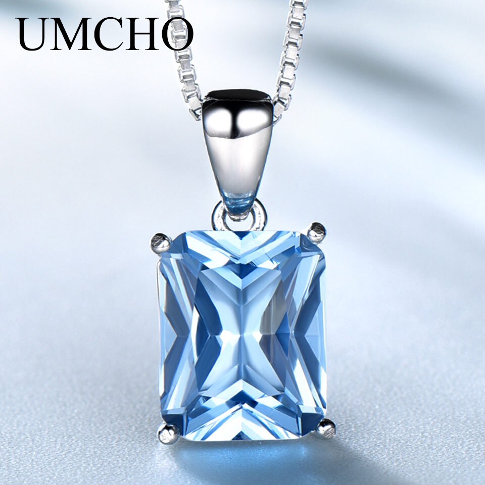 UMCHO Genuine 925 Sterling Silver Luxury Gemstone Necklaces Pendants for Women Elegant Fine Jewelry Party Wedding Mothers&#39; Gift Sapphire