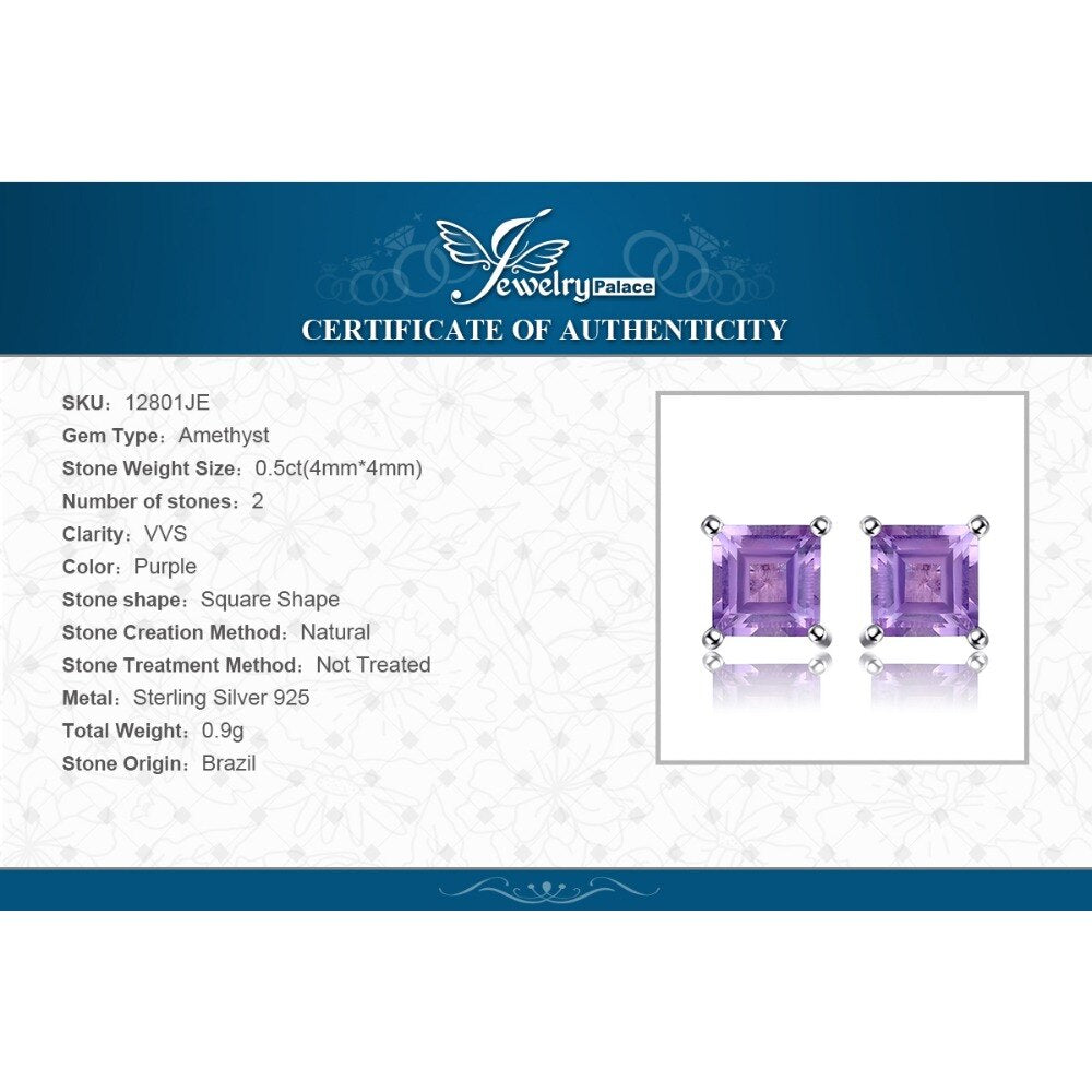 Jewelry Palace Square Genuine Natural Amethyst 925 Sterling Silver Stud Earrings for Women Fashion Jewelry Princess Earrings