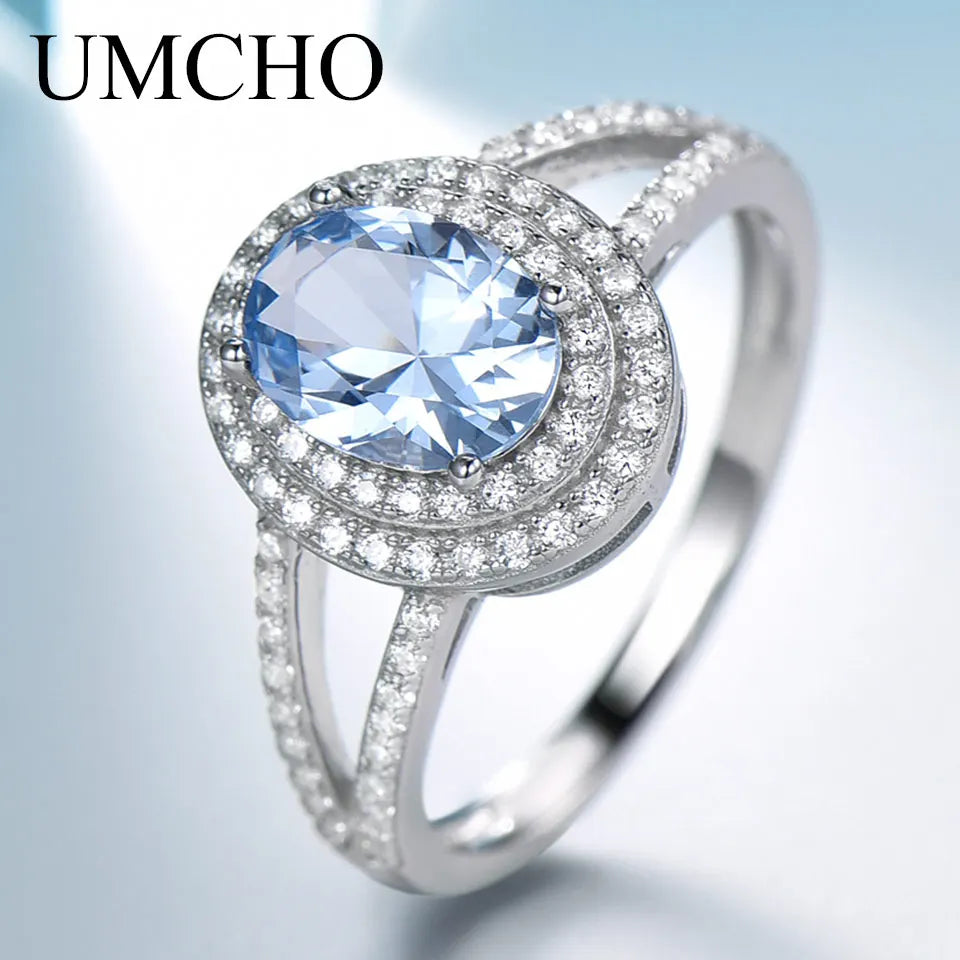 UMCHO Genuine 925 Sterling Silver Rings for Women Luxury Blue Topaz Gemstone Ring Engagement Party Cocktail Custom Jewelry