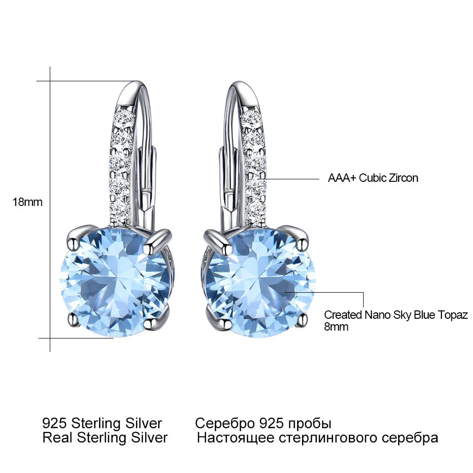 UMCHO Real 925 Sterling Silver Clip Earrings For Women Gemstone Sky Blue Topaz Female Earrings Round Wedding Valentine's Jewelry