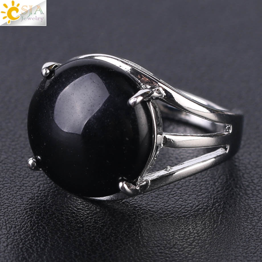 CSJA Crystal Ring for Women Natural Stone Ring Round Beads Finger Rings Amethysts Purple Quartz Silver Color Party Jewelry F476 Black Agate