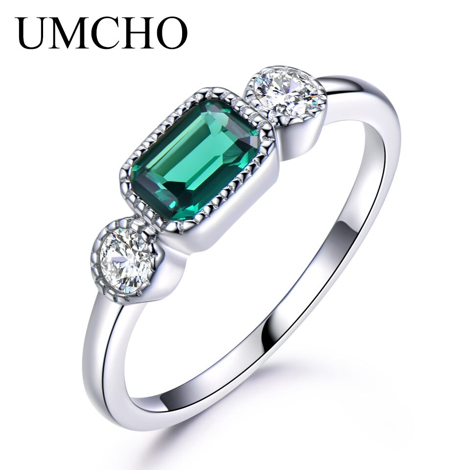 UMCHO Nano Russian Emerald Real 925 Sterling Silver Rings For Women May Birthstone Vintage Ring For Women Brand Fine Jewelry RUJ045E-1