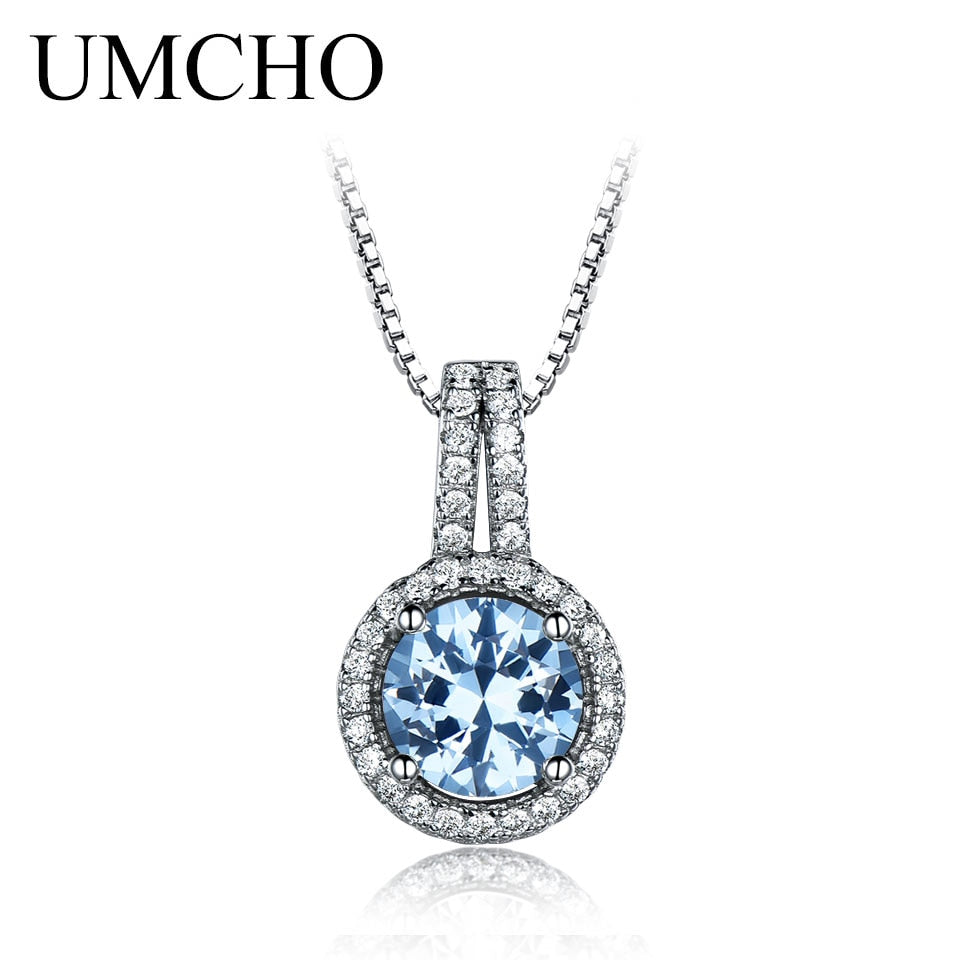 UMCHO Blue Topaz Gemstone Pendants Necklaces For Women Solid 925 Sterling Silver Pendant Brand Fine Wedding Jewelry Gift for Her topaz pendant sky blue topaz