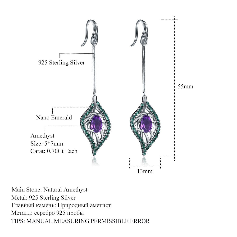 GEM&#39;S BALLET Natural Amethyst Nano Emerald-Green Leaf Shape Earrings 925 Sterling Sliver Vintage Drop Earrings For Women Jewelry