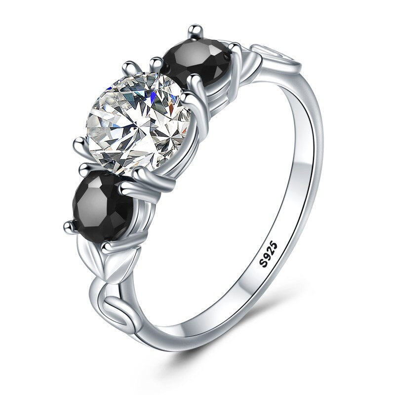 Black Awn 2022 New Fower Silver Color fashion jewelry Black Spinel Round Engagement Ring for Women Anillos Mujer G090