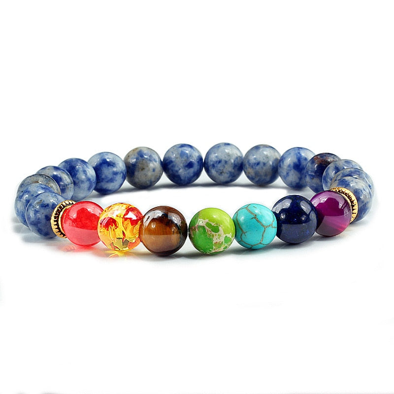 Natural Stone Tiger Eye 7 Chakra Bracelets & Bangles Yoga Balance Beads Buddha Prayer Elastic Bracelet Men pulseira masculina White spot blue