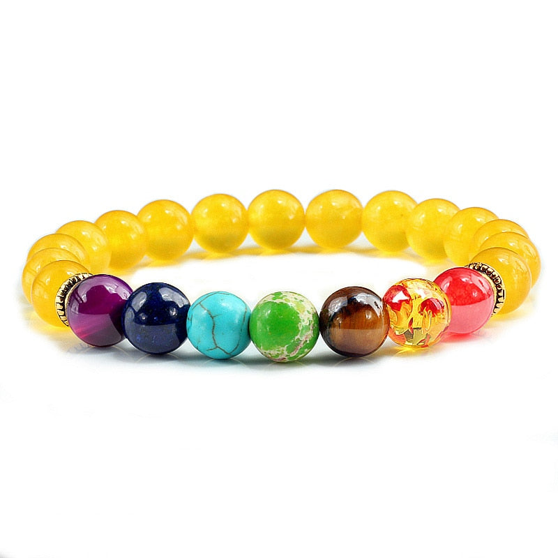 Natural Stone Tiger Eye 7 Chakra Bracelets & Bangles Yoga Balance Beads Buddha Prayer Elastic Bracelet Men pulseira masculina Yellow