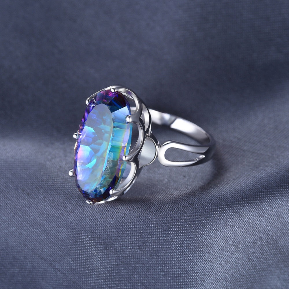JewelryPalace Large Genuine Natural Rainbow Fire Mystic Quartz Solid 925 Sterling Silver Ring for Women Statement Cocktail Ring