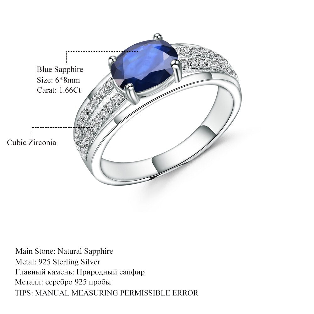 GEM&#39;S BALLET 1.66Ct Oval Natural Blue Sapphire Gemstone Ring 925 Sterling Silver Wedding Rings for Women Classic Fine Jewelry