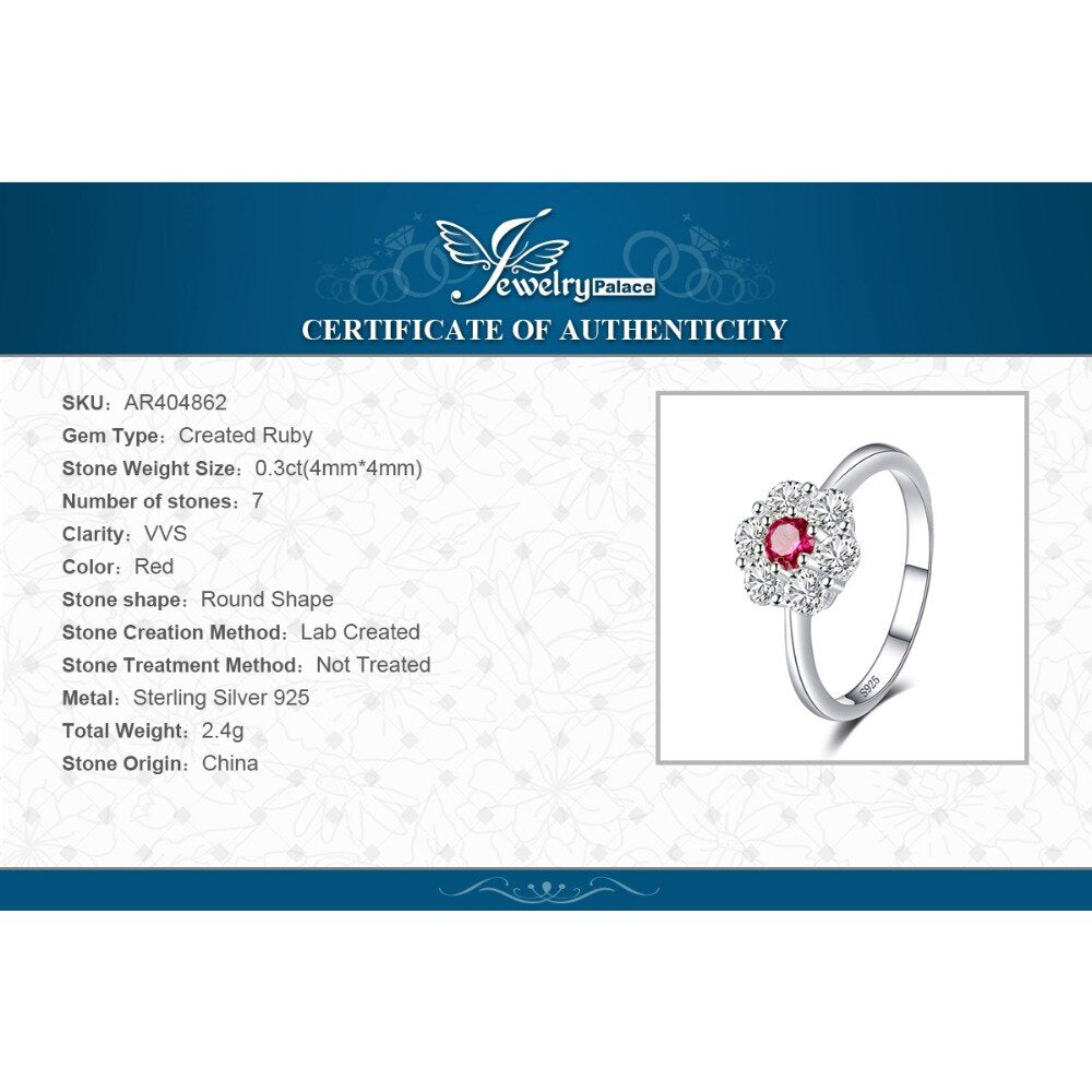 JewelryPalace Flower Created Red Ruby 925 Sterling Silver Halo Wedding Engagement Ring for Women Fine Stackable Ring Trendy Gift