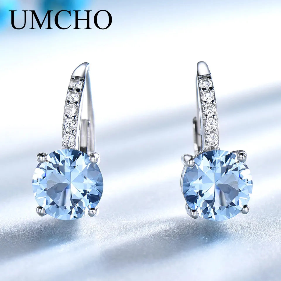 UMCHO Real 925 Sterling Silver Clip Earrings For Women Gemstone Sky Blue Topaz Female Earrings Round Wedding Valentine's Jewelry Nano Sky Blue Topaz