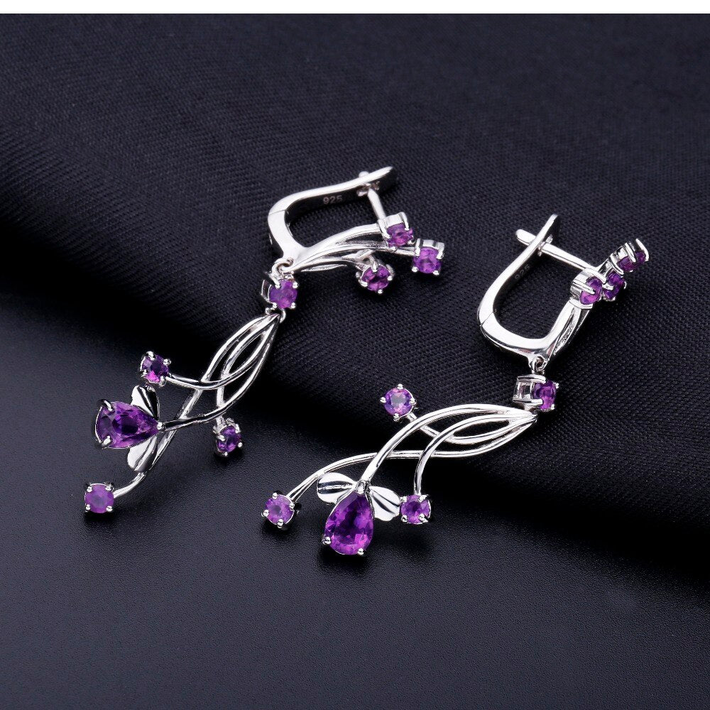 GEM&#39;S BALLET Romantic Natural Amethyst Purple Gemstone Flower Jewelry Sets Pure 925 Sterling Silver Earrings Ring Set For Women