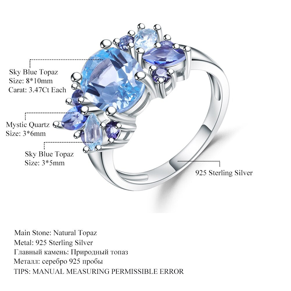 Gem&#39;s Ballet Classic 3.47Ct Natural Sky Blue Topaz Mystic Quartz Ring 100% 925 Sterling Silver Mona Lisa Wedding Rings for Women